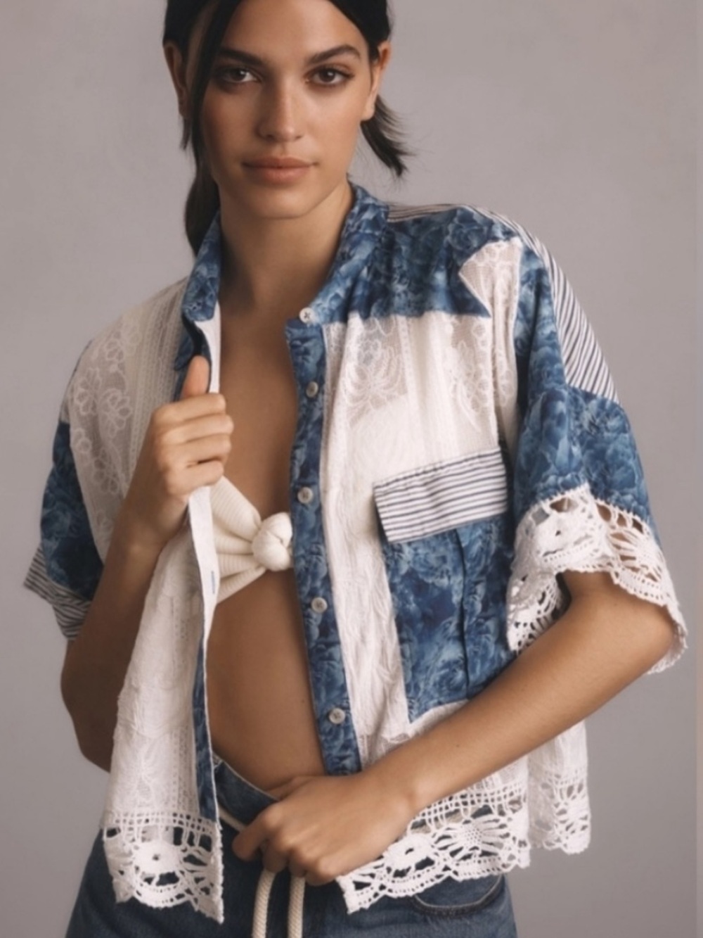 Anthropologie Pilcro White Lace Patchwork Shirt Blue Floral Accents NWT Size XS